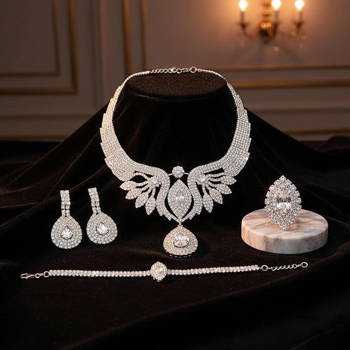 Women's Four-Piece Jewelry Set Rhinestone Silver-Plated Wedding Party Necklace, Earrings, Ring, and Bracelet Set Perfect for Daily Wear, Weddings, Parties, or Gifts
