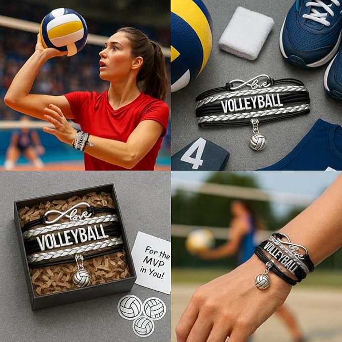 Volleyball Bracelets For Girls- Ideal Volleyball Gifts & Souvenirs. Adjustable Charm Bracelet with Moveable Letters, Infinity Symbol & Silver Volleyball Charm. Fashionable Bracelets by SportyBella.