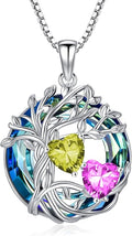 TOUPOP s925 Sterling Silver Family Celtic Tree of Life Pendant Necklaces with 2 Heart Birthstone with Blue Austrian Crystal Jewelry Birthday Valentines Day Gifts for Her, Anniversary Christmas Gifts for Wife Girlfriend Mom (18K Real White Gold Filled)