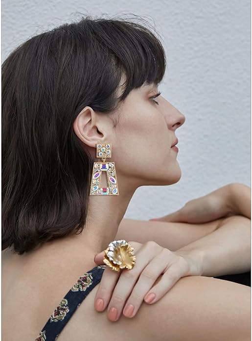 Rhinestone Rectangle Statement Earrings Colorful Crystal Geometric Drop Dangle Earrings for Women Prom Party