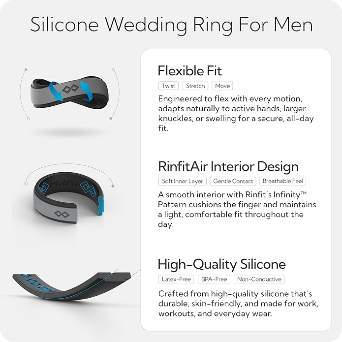 Rinfit Silicone Rings for Men 9mm Wide, 2mm Thick - Mens Rubber Wedding Bands - Infinity Ring with 2 Layers - Patented Design