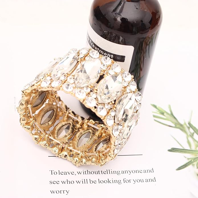 Women’s Elegant Wedding Bridal Crystal Double Row Marquise-Shape Leaf Stretch Bangle Bracelet Bride Jewelry for Women