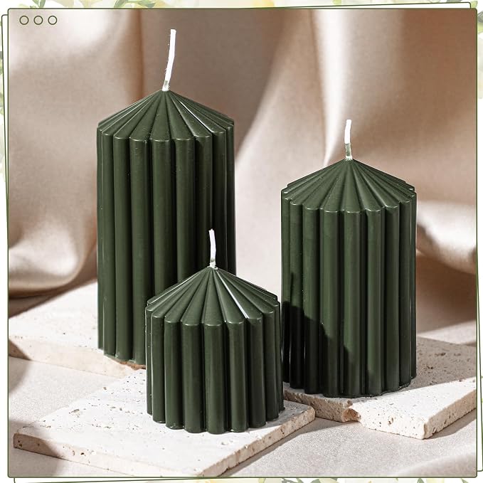 Conelist Set of 3 Moss Green Ribbed Pillar Candles Soy Wax Scented Candles | 2.8 - Image 4