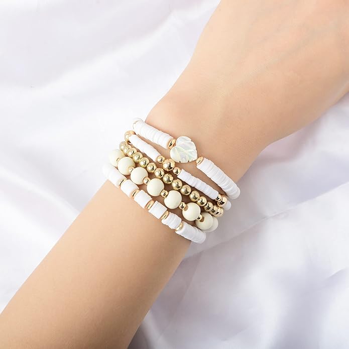 GOOJIDS Surfer Heishi Clay Bead Bracelets for Women Bohemian Stackable Gold Plated Beaded Stretch Bracelets Elastic Layering Friendship Bracelets Set Boho Jewelry