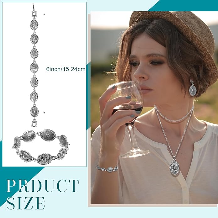 Haysandy 4 Pcs Turquoise Western Jewelry Sets for Women Bohemian Vintage Concho Necklace Classic Dangle Earrings Bracelet Belt
