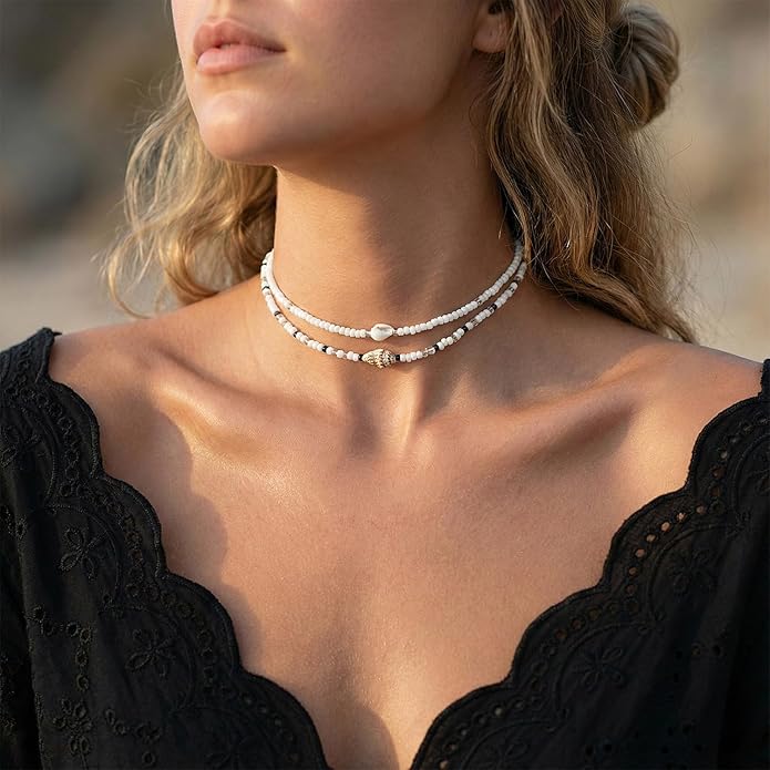 Women's Shell Starfish Boho Layered Beaded Necklace Choker for Summer Beach Vacation Gifts for Birthday/Anniversary/Christmas