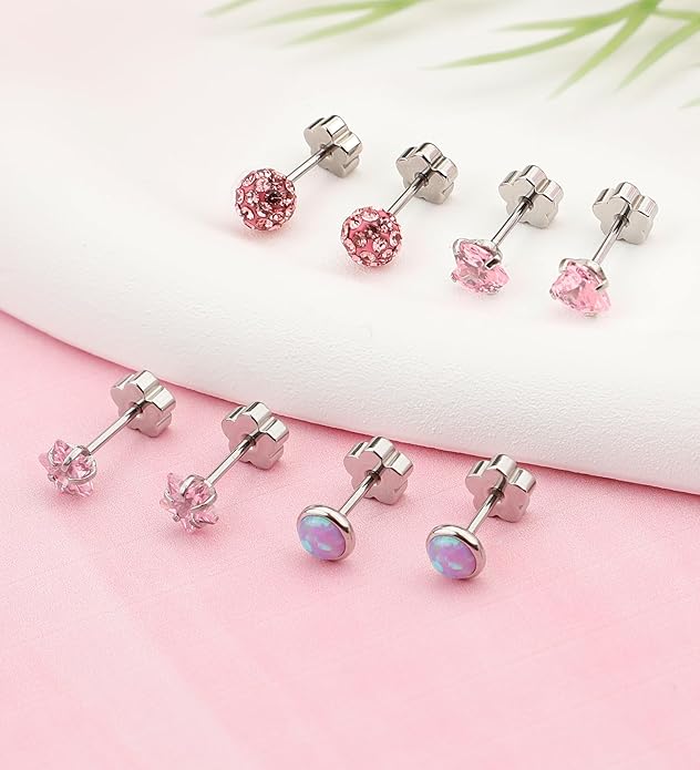 4Pairs 14K Gold Stud Earrings for Women Girls 316L Stainless Steel Hypoallergenic Earrings 20G Flat Back Handmade Nap Earrings Cute Screw Back Opal Heart Star Cartilage Earrings