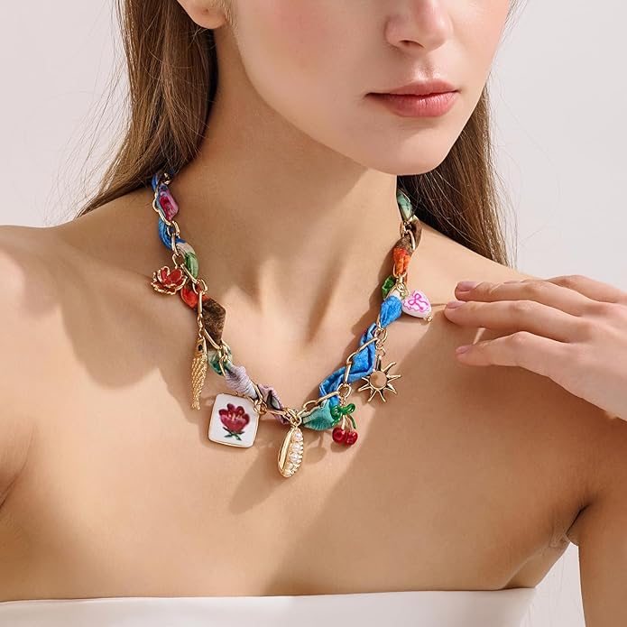 LILIE&WHITE Gold Charms Necklace for Women Bandana Necklace with Colorful Charms Necklaces Beach Jewelry Gift