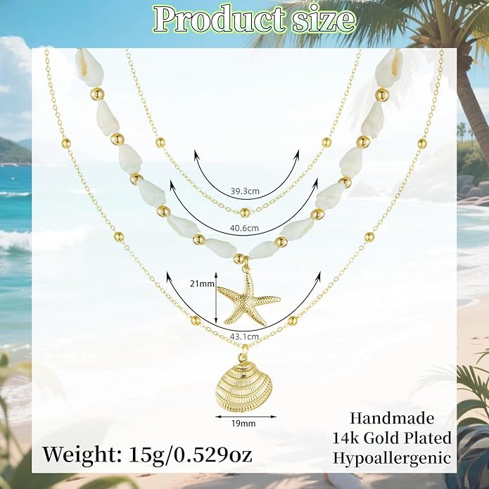 Layered Beach - Inspired Gold Necklace Set for Women - Seashell & Starfish Charm Necklaces, Ideal Beach Jewelry