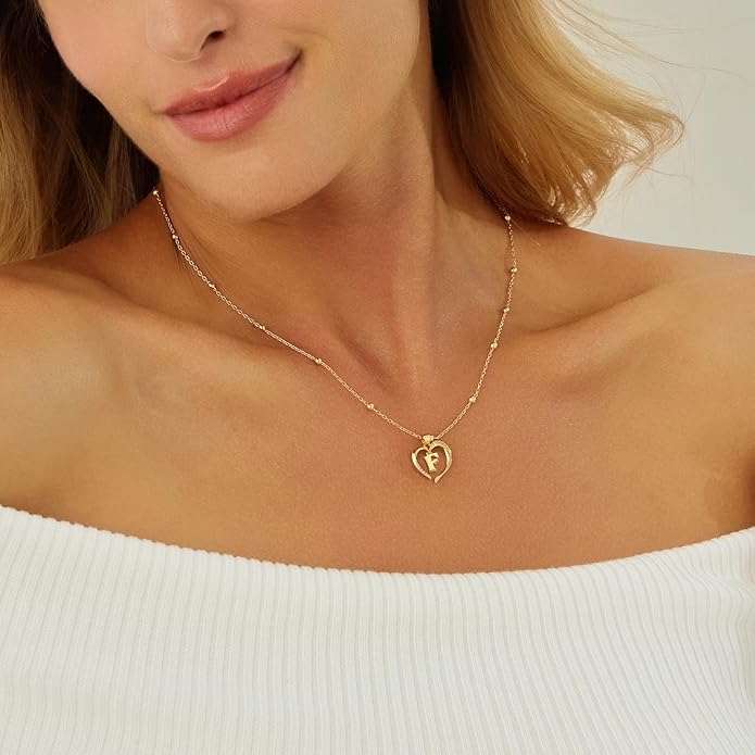 Cicy Bell Womens Heart Initial Necklace for Women 18k Gold Plated Shell Personalized Letter Pendant Necklace 17.7'' with 2'' Extender