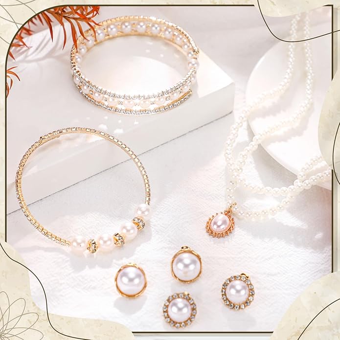 Glenmal Pearl Rhinestone Jewelry Set for Women Pearl Necklace Bracelet Earrings for Wedding Birthday Bridal Shower Tea Party