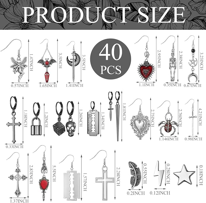 Yinkin 40 Pairs Goth Earrings Set Grunge Punk Rock Dangle Earring Gothic Y2k Jewelry Bat Cross Snake Skull Earrings for Women