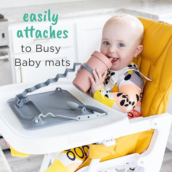 Busy Baby Gift Set - Includes 1 Busy Baby Mat 1 - Bottle Bungee 1- Teething Spoon and 4 Universal Bungee Straps in a Gift Bag, Keeps Baby Essentials Within Reach (Pewter)