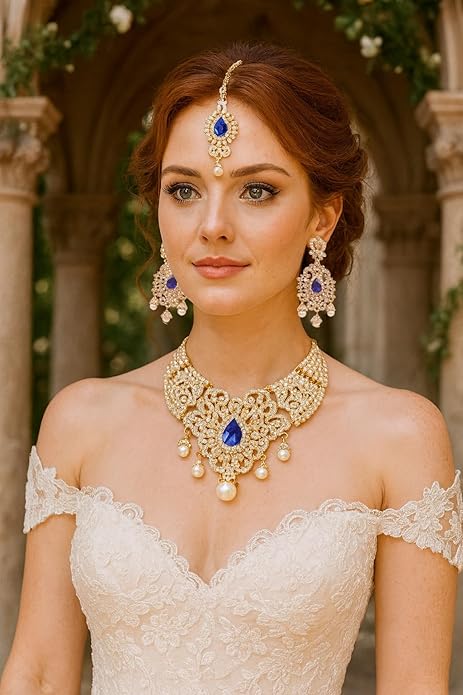 Touchstone Indian jewelry sets for women tikka wedding necklace costume guest statement bollywood rhinestones crystal faux pearls gold big royal neck piece set bridal fashion accessories