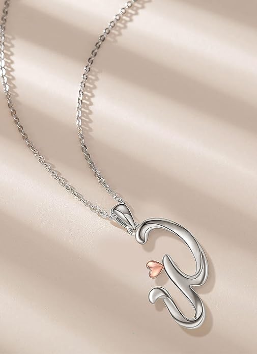 CELESTIA 925 Sterling Silver Initial Necklaces 26 Letter with Rose Gold Heart - 18 Inch Chain