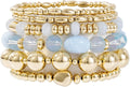 Gold Plated Beaded Bracelets for Women Trendy, 14K Gold Plated Stack Cross Pearl Gold Plated Bead Stretch Bracelets Set Elastic Hypoallergenic Bracelets Jewelry Gifts