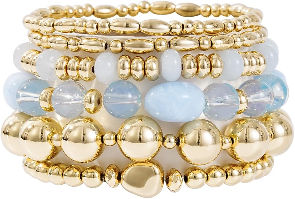 Gold Plated Beaded Bracelets for Women Trendy, 14K Gold Plated Stack Cross Pearl Gold Plated Bead Stretch Bracelets Set Elastic Hypoallergenic Bracelets Jewelry Gifts
