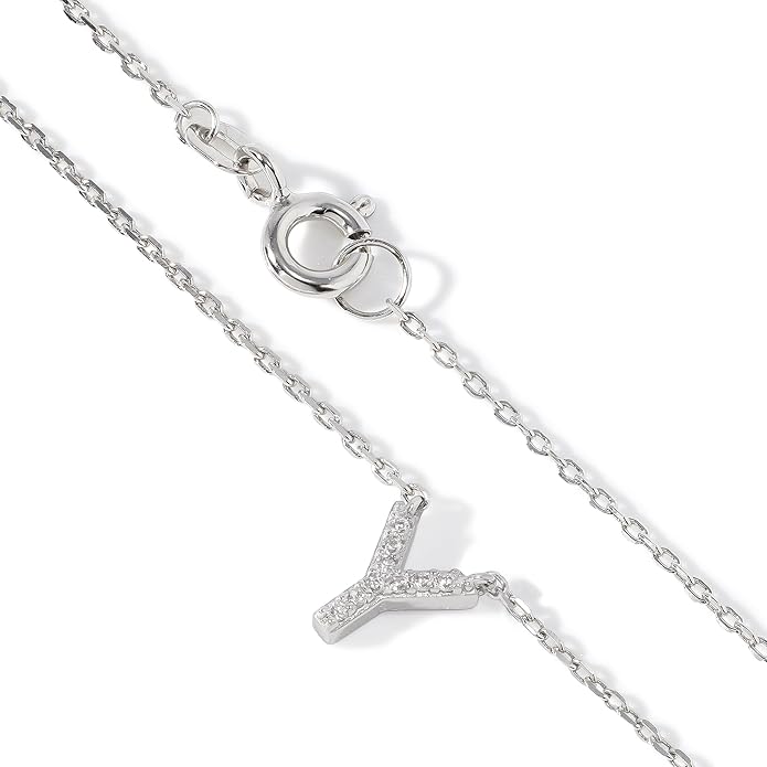 JTV Sterling Silver Initial Necklace for Women, 0.13 CTW White Cubic Zirconia Letter Pendant, Rhodium-Plated, Personalized Monogram Jewelry, Gift Box Included, 18”