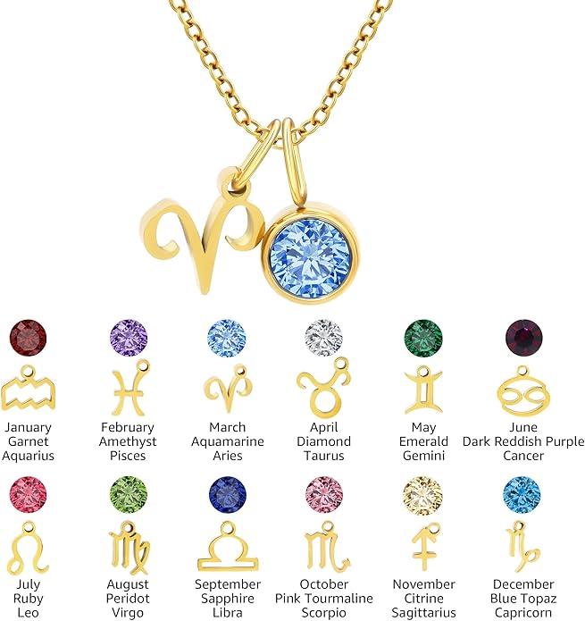 MISS RIGHT Initial Birthstone Necklace for Women - Personalized Gifts Birthday Gifts for Women Stainless Steel 18K Gold Plated Dainty Gold Zodiac Sign 12 Constellation Horoscope Necklace Jewelry