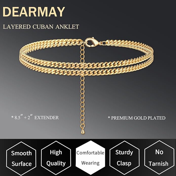 DEARMAY Dainty 14K Gold Plated Ankle Bracelets for Women, Waterproof 14K Gold Plated Link Chain Anklets Non Tarnish Set Pack Summer Beach Jewelry Gift