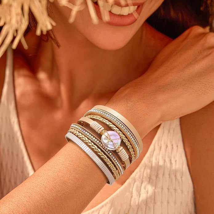 Wrapped Bracelets for Women,Leather Bracelet,Boho Bracelets for Women,Multi-Layer Pearl Crystal Bracelet Bangle Jewelry