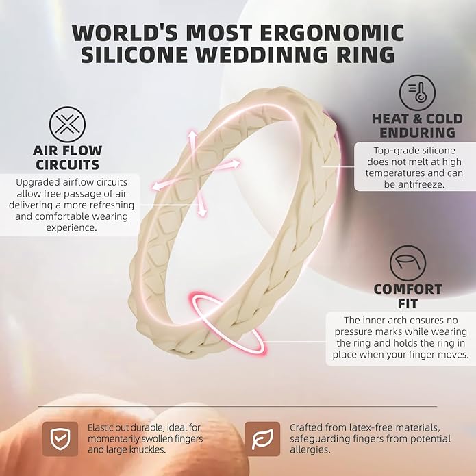 Egnaro Women's Wedding Bands, Silicone Thin and Stackable Rubber Engagement Ring, Variety Multipack With Breathable Grooves Workout Accessories