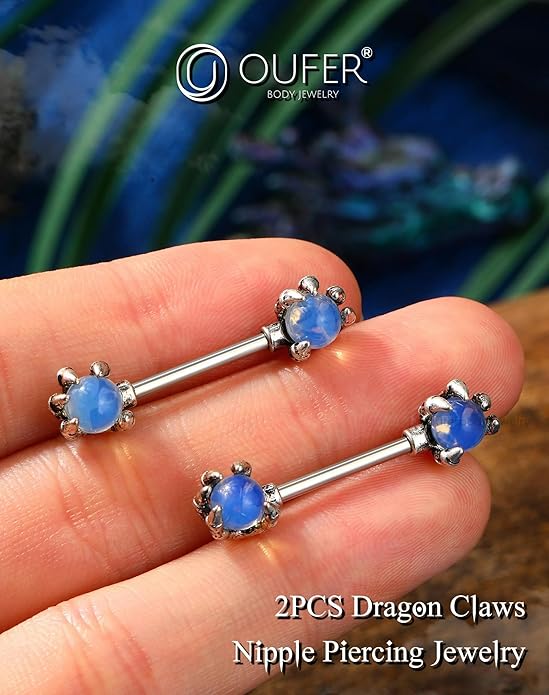 OUFER 14G Nipple Rings - 316L Surgical Steel Piercing Jewelry, 2PCS Pink Opals Surrounded by Dragon Claws Barbell