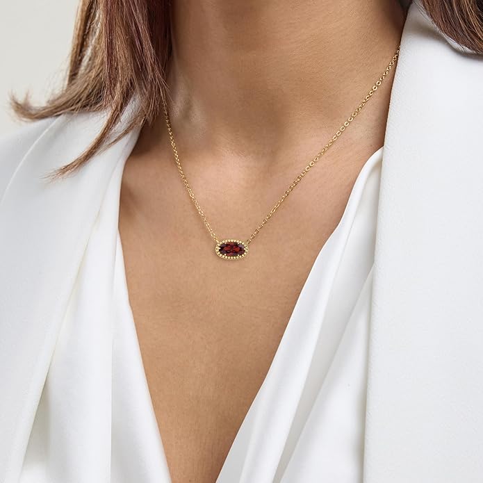 Belacqua Gemstone Necklace in 14K Gold Plated Sterling Silver, Oval Pendant Size 6 * 12mm, 15" Cable Chain with 2" Extender, Spring Ring Clasp, Dainty Birthstone Necklace for Women, Gift Box Included
