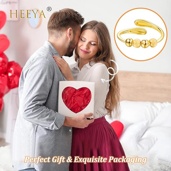 HEEYA Anxiety Rings for Women,Sterling Silver Rings to my Daughter,Adjustable Stress Spinner Ring with Beads,Anxiety Fidget Ring for Women,Thumb Jewelry for Birthday,Christmas with Gift Card