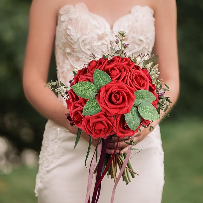 AmyHomie Red Rose 100pcs Real Looking Artificial Flowers w/Stem | Bouquet - Image 4