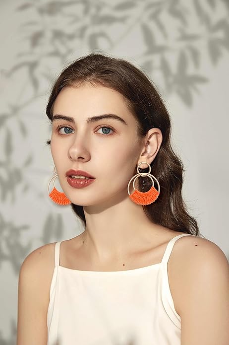 Raffia Hoop Earrings for Women Fun Boho Summer Beach Earrings Lightweight Handmade Straw Wicker Rattan Dangle Earrings Statement Geometric Round Drop Earrings