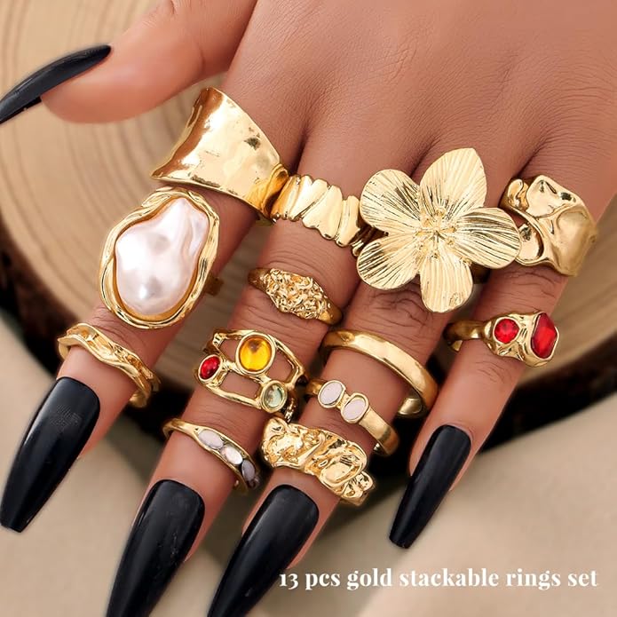 KISS WIFE Goldenen Silvery Black Kunckle Rings Set for Women, Dainty Simple Trendy Cute Stackable Finger Rings Pack, Perfect for Stacking Layering on Thumb and Knuckle, Mixed Size, Jewelry Gift