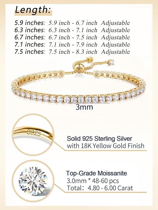 2mm/3mm Moissanite Adjustable Tennis Bracelet for Women, Authentic Solid 925 Sterling Silver, 5.5-7.5inch (14-19cm) with 2cm Extender Chain, Birthday Valentines Wedding Anniversary Ideal Gift for Her