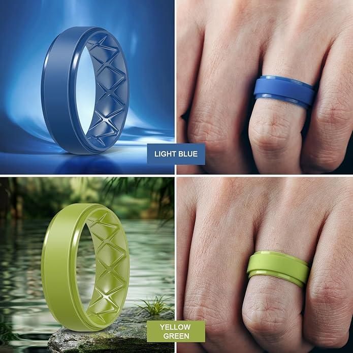 Egnaro Men's Rings 8.5mm Wide-2mm Thick Inner Arc Ergonomic Breathable Rubber Wedding bands-Hypoallergenic for Gym/Outdoor/Gift((1-7 Variety Pack with Half Size)