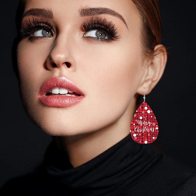 Merry Christmas Leather Teardrop Hook Earrings