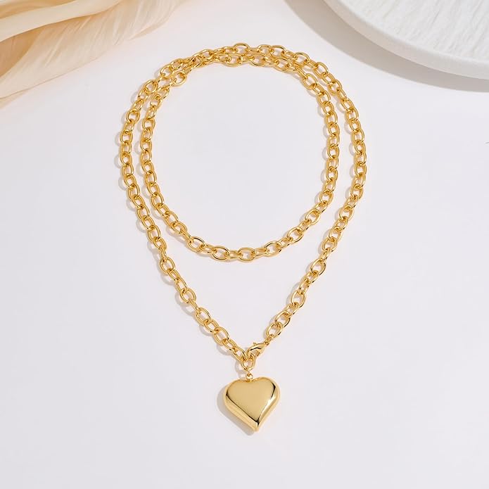 Valentine's Day Gifts for Women - Chunky Heart Necklaces for Women, Statement Long Lariat Layered Gold Heart Pendant Necklaces, Statement Jewelry | Big Y-shape Jewelry