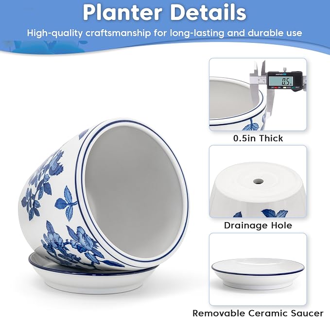 HakkaGirl 8 inch Ceramic Flower Pots, Chinoiserie Decor Ceramic Planter Plant - Image 3