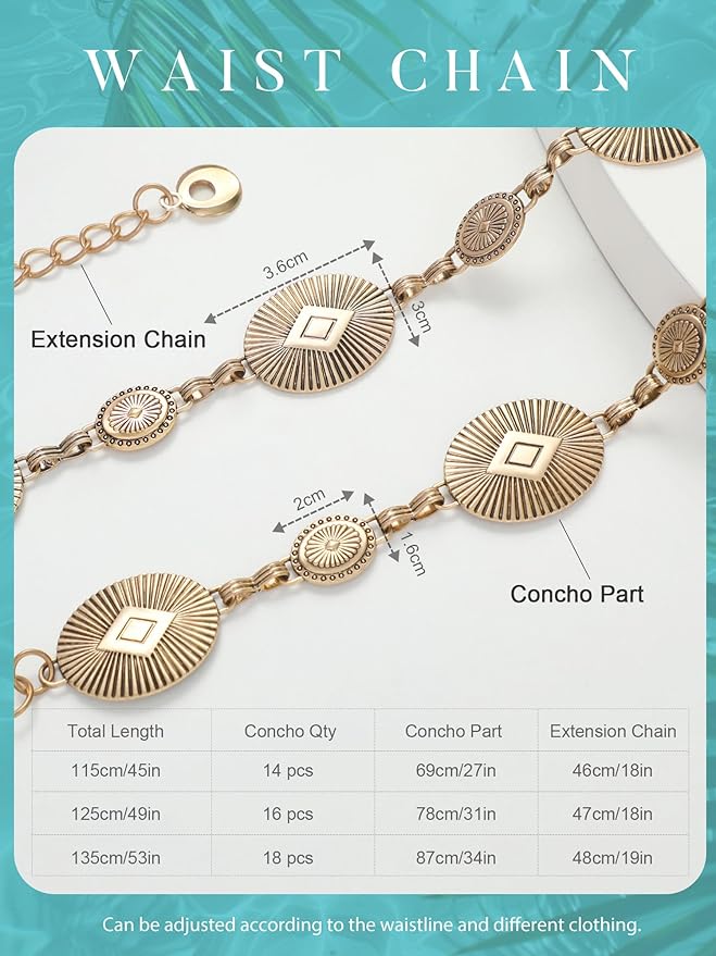 FIORETTO Metal Waist Chain Link Belt for Women Western Cowgirl Boho Turquoise Belts for Dress Jeans Country Concert Outfit