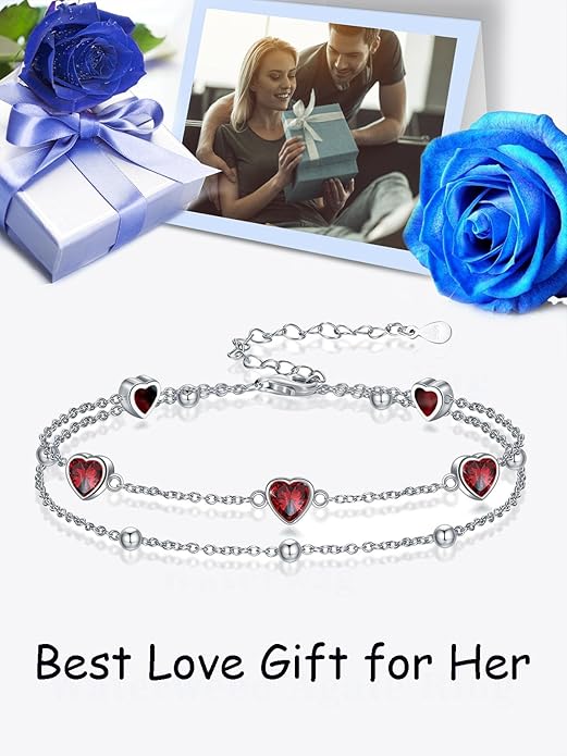 Birthstone Anklet/Bracelets for Women 925 Sterling Silver Charm Link Double Strand Heart Birthstone Jewelry Gift for Wife Women Mother's Day Gift