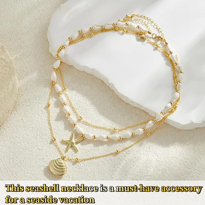 Layered Beach - Inspired Gold Necklace Set for Women - Seashell & Starfish Charm Necklaces, Ideal Beach Jewelry