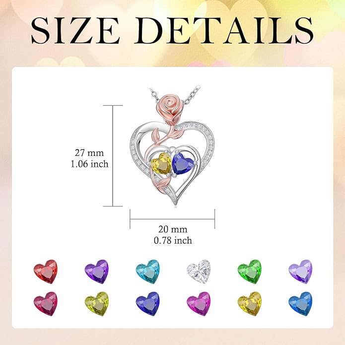 Rose Flower Heart Pendant for Women Birthday Gifts 18k Gold Plated Mother Daughter Necklace with 12 Months Birthstone Christmas Valentines Day Gifts for Her Mom Anniversarry Jewelry for Mom Wife Girlfriend