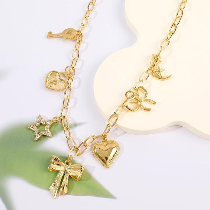[3 Trendy Styles] Women's Necklaces - Alloy with Glass Crystals & Pearls, Electroplated O - Link Chain, Mermaid Inspired by Fantasy Aesthetics/Bow with Y2K Sweet Charm/Cherry Fruit in the Latest Kawaii Vibe, 47cm(18.5in) Chain Length + 6.5cm(2.55in) Ex...