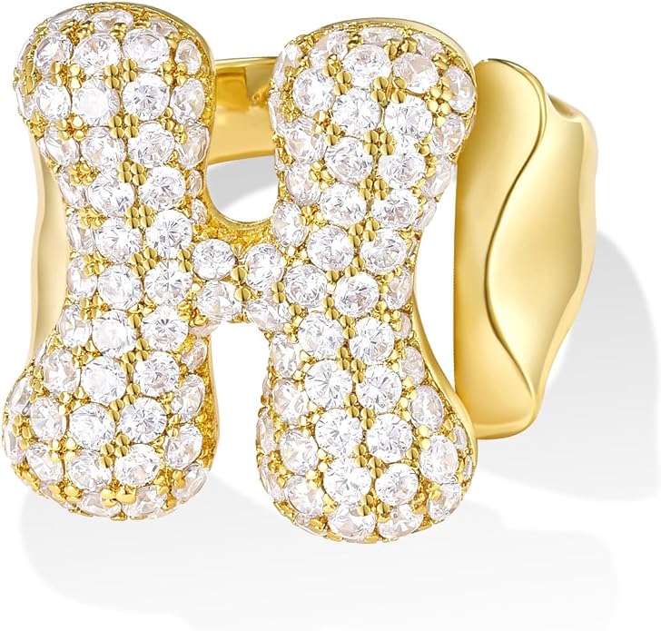 KissYan Bubble Initial Ring Valentines Day Gifts for Women, 14k Gold Plate Balloon Jumbo Letter Rings Open Adjustable Dainty Pave CZ Personalized Fashion Trendy Statement Jewelry