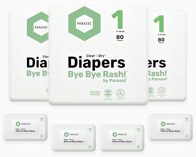 Parasol Clear+Dry Disposable Diapers and Clear+Pure Wipes, RashShield Protection, Size 1 (7-14 lbs), Diaper Bundle of 240 Diapers & 240 Wipes