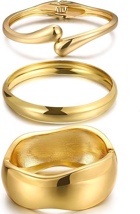 Chunky Gold Bangle Bracelets for Women, Dainty 14k Gold Plated Big Stackable Bangles Set, Trendy Statement Cuff Bracelet Stack Fashion Jewelry Christmas Gifts