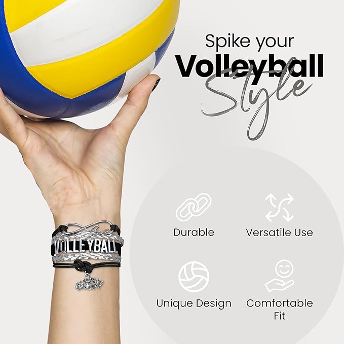 Volleyball Bracelets For Girls- Ideal Volleyball Gifts & Souvenirs. Adjustable Charm Bracelet with Moveable Letters, Infinity Symbol & Silver Volleyball Charm. Fashionable Bracelets by SportyBella.