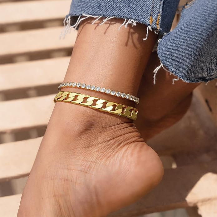 KissYan Gold Ankle Bracelets for Women, 14K Gold Anklets Chunky Cuban Link Chain Summer Beach Foot Jewelry Gifts for Women