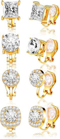 4 Pairs Cubic Zirconia Clip Earrings for Women Dance Competition - Non Pierced Diamond Clip On Earrings studs for Men