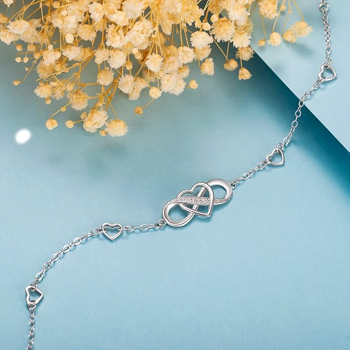 Billie Bijoux 925 Sterling Silver Anklet Bracelets for Women Infinity Heart Ankle Bracelet White Gold Plated Love Charm Adjustable Large Bracelet Gifts for Women Wife