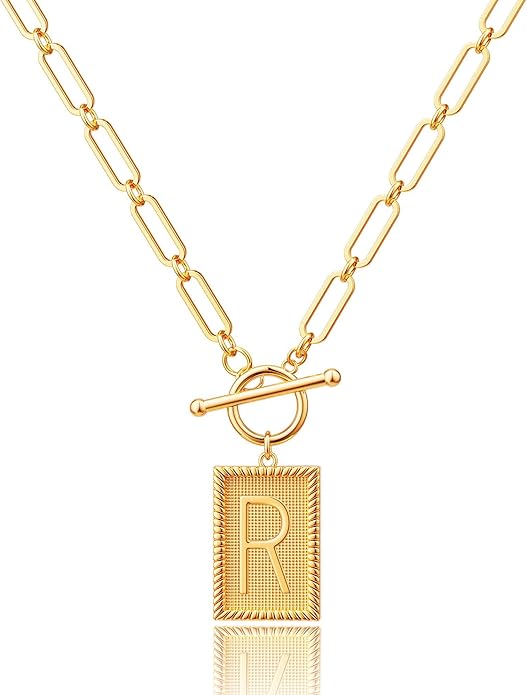14K Gold Plated Initial Letter Necklace for Women, Personalized Alphabet Pendant with Inspirational Engraving, Paperclip Chain Non-Tarnish Jewelry Gift for Her